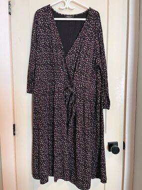 Michel Studio Faux Wrap Black Dress with Plum and Gray Print
